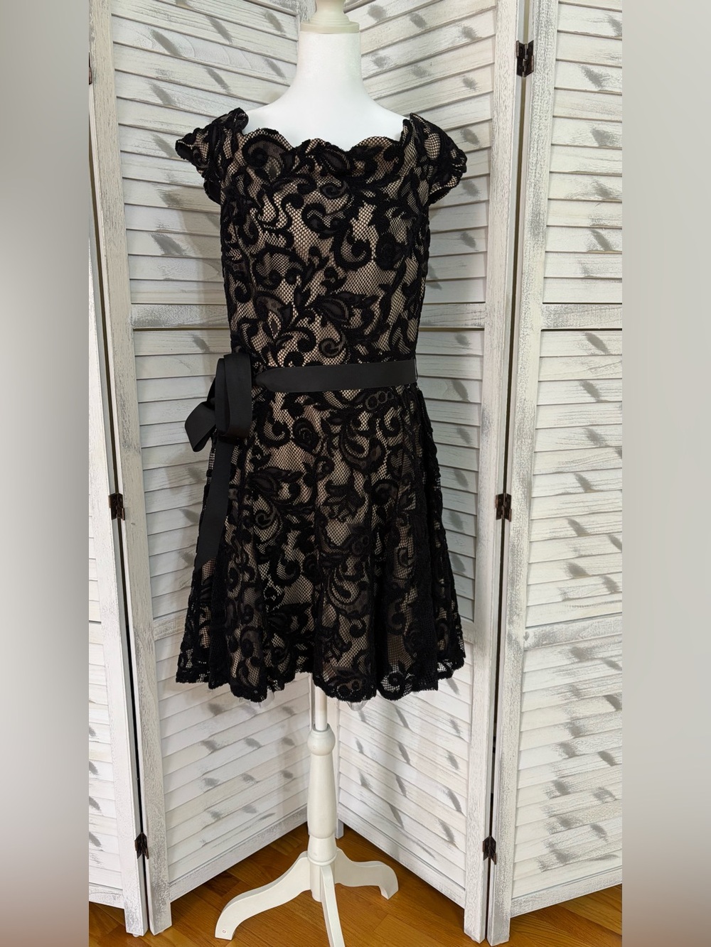 Betsy & Adam Black Lace Overlay Mini Dress with Nude Lining